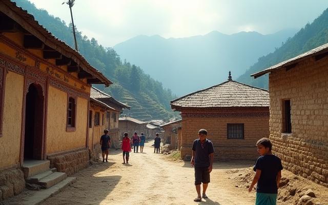 Lokal by i Nepal med traditionella hus och invånare.