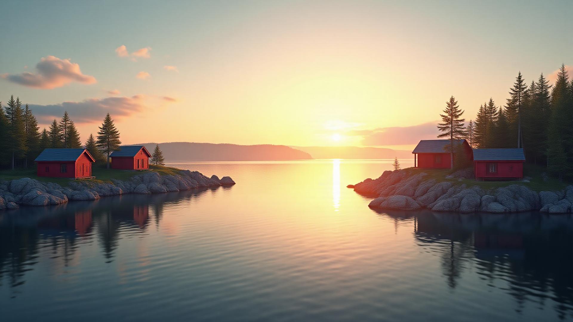 En fantastisk svensk skärgård i solnedgång med lugnt vatten och klippiga öar