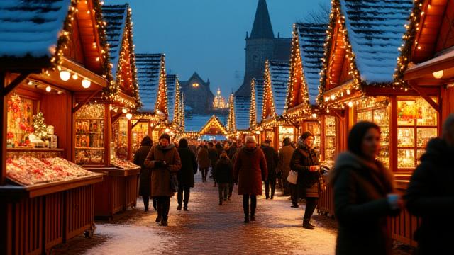 Mysig julmarknad i Lübeck med snötäckta tak och julbelysning
